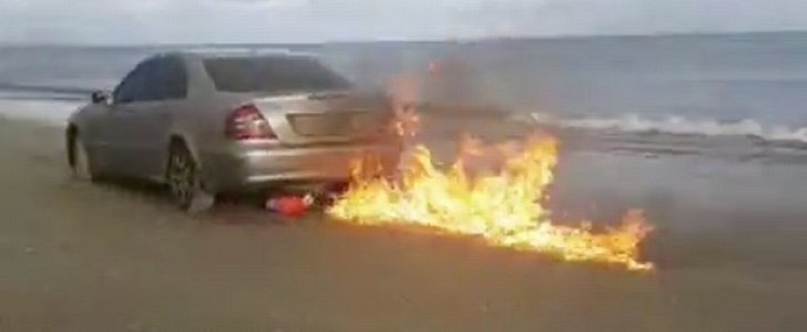Mercedes burns on Irish beach as man proves his love to his wife by torching it