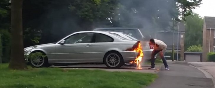 BMW burns in Hertfordshire, owner blows on the flames to put them out