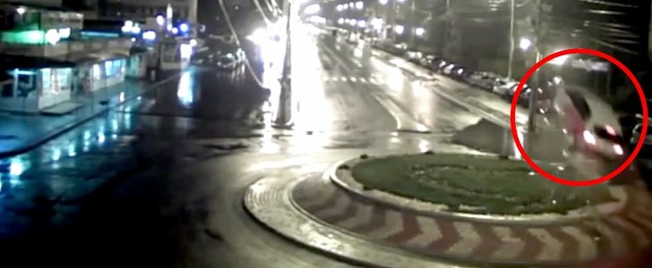 Car taking off roundabout