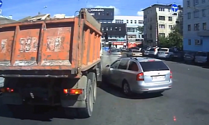 Dump Truck Steps on Nosy Skoda: Didn't See You There