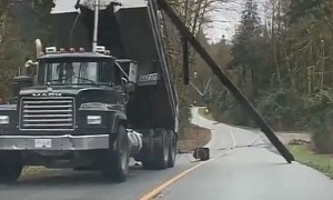 Dump Truck vs. Electricity Pole vs. Panicked Driver Stirs Up the Old Pot