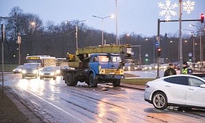 East Meets West in Kamaz Crane Truck vs. Tesla Model S Crash in Estonia