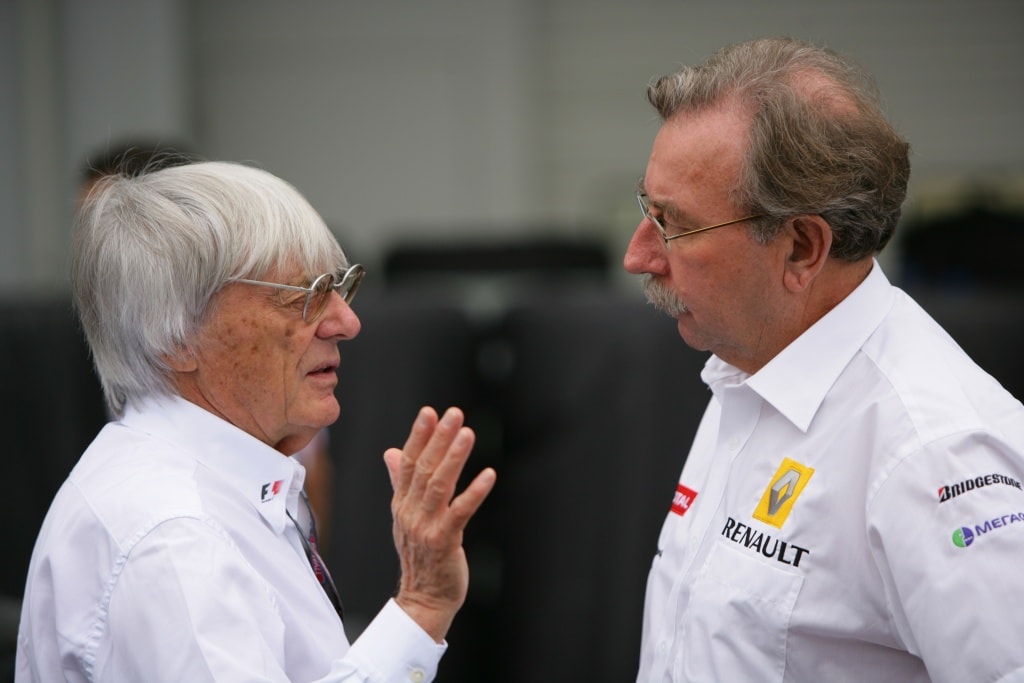 Bernie Ecclestone and Jean-Francois Caubet, Managing Director, Renault F1