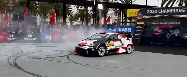 Sebastien Ogier doing donuts in his Toyota Yaris WRC Rally1 race car at 2022 Rally RACC
