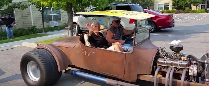 Elderly Lady Enjoying Rat Rod Shotgun Ride