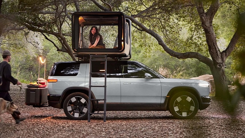 Rivian R2 with Treehouse tent and Travel Kitchen