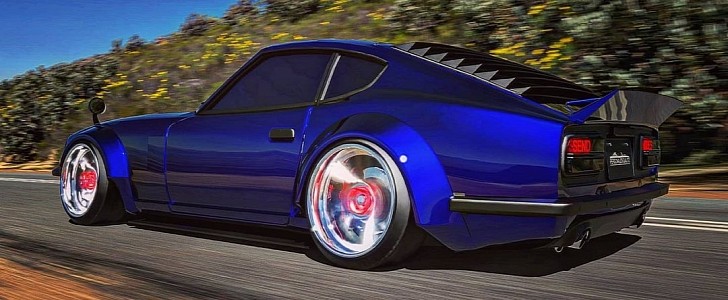 Electric Blue Datsun 240Z Restomod has naughty LED message in rendering by personalizatuauto 