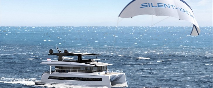 Silent 60 solar powered catamaran is powered by a giant kite