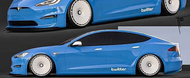 Elon Musk Tesla Model S Twitter Bird Blue on Rotiform Aerodisc rendering by musartwork