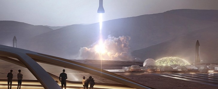 Artist rendering of Starship launching from a colonized Mars