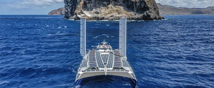 Converted catamaran Energy Observer, which has just completed an emissions-free crossing of the Atlantic