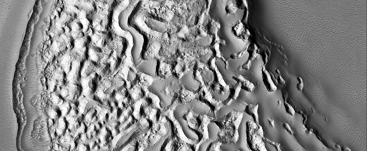 Eroded crater deposit in the Arabia Terra region of Mars
