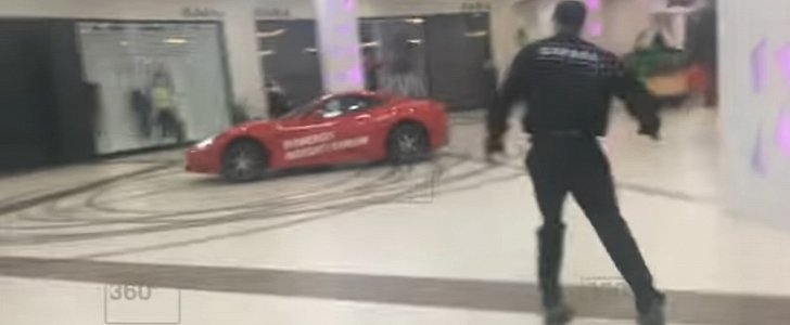 Ferrari California drifts and does donuts in shopping mall