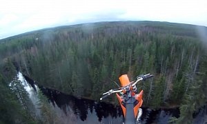 Extreme Bike Stunt - Parachute Jumping from a Ramp into a River