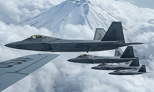 Extreme Closeup of F-22 Raptors in Close Formation Over Mount Fuji Is Pure Visual Poetry