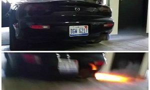 Extreme Mazda RX-7 Turbo Spits Flames, Scared Cameraman Drops His Gear