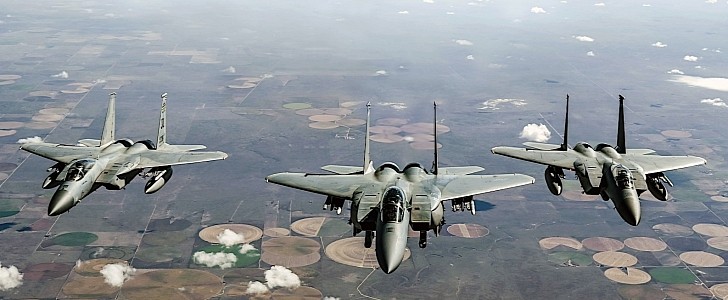 Four F-15 Eagles flying over Oklahoma