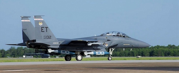 F-15E Strike Eagle loaded with modified 2,000-pound GBU-31 Joint Direct Attack Munitions