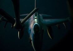 F-16 Fighting Falcon Feeding at Night Plays a Scary Game of Light and Shadows