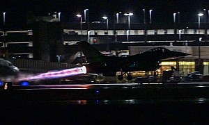 F-16 Fighting Falcon Looks Like a Rocket Taking Off Horizontally at Night