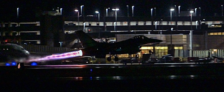 F-16 Fighting Falcon taking off at night