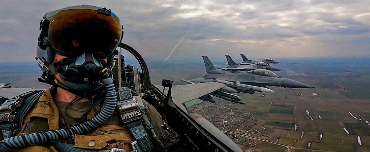 Four F-16 Fighting Falcons flying over Romania