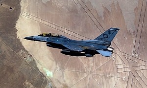 F-16D Fighting Falcon Flies on Its Side, Edwards AFB Can Be Seen Far Below