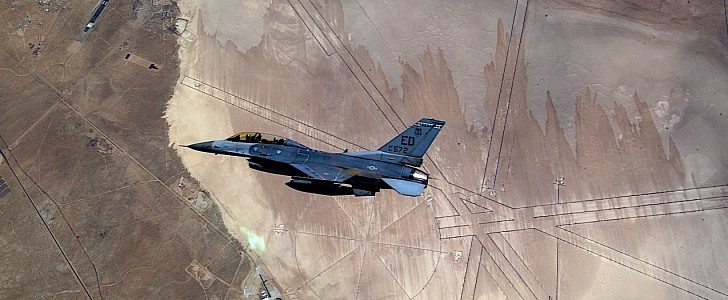 F-16D Fighting Falcon Flies on Its Side, Edwards AFB Can Be Seen Far ...
