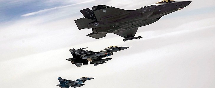 F-35A Lightning II and F-16 Fighting Falcons