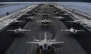 F-35s and F-16s Line Up for Massive Elephant Walk With Tankers in the Background