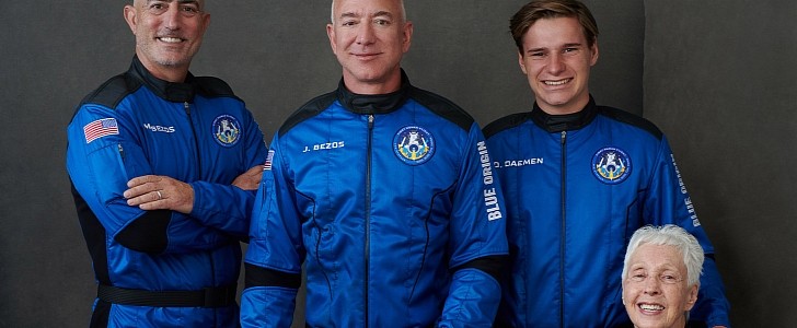 The crew of the first human flight on the automated New Shepard rocket, including Blue Origin boss Jeff Bezos 