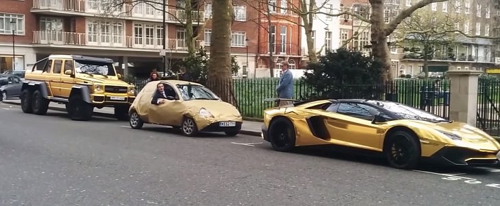 Fake Gold Ford Ka Roasts Arab Gold Wrap G63 AMG, Aventador and Rolls in London