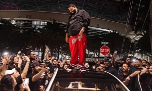 Fans Surround DJ Khaled's Maybach 62 Landaulet, He Joins the Fun, Stands on Top of the Car