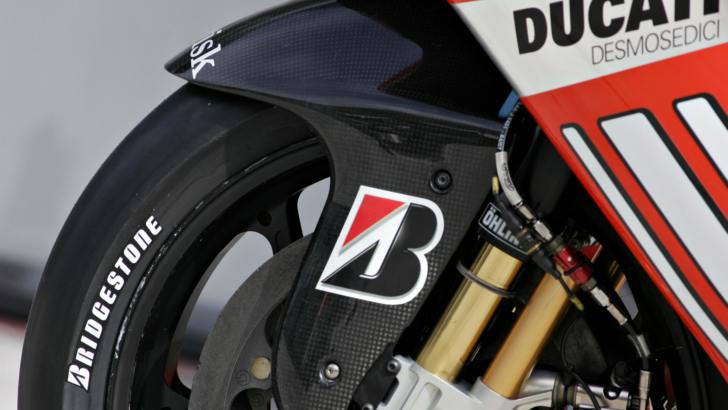 Bridgestone tire on a Ducati MotoGP bike
