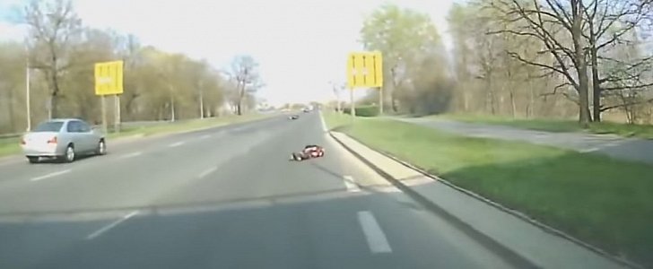 Biker knocked off his motorcycle by prancing deer in Poland