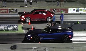 Feisty VW Beetle Drags Ford Mustang and Chevy Corvette, Easily Humiliates Both