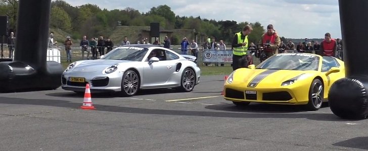 Ferrari 488 Spider vs Porsche 911 Turbo S Drag Race
