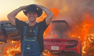 Ferrari Burnout: YouTuber Takes F8 Tributo Off Road, Accidentally Totals the Car in Fire