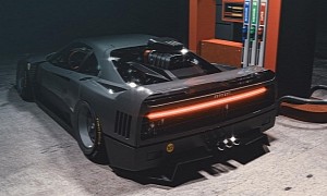 Ferrari F40 "Cyberpunk" Rendered With Supercharged V8 Sticking Out the Back