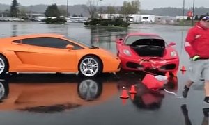 Ferrari F430 Plows into Lamborghini Gallardo in Ridiculous Aquaplaning Crash