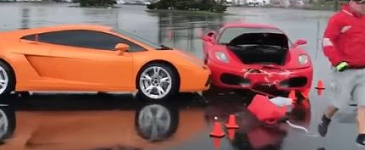 Ferrari F430 crashes into Lamborghini Gallardo