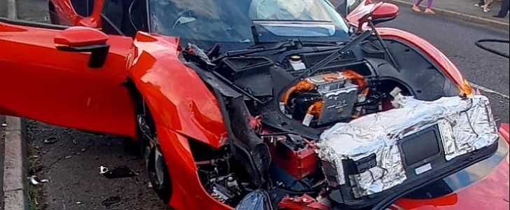 Ferrari SF90 Stradale after it crashed into five parked cars
