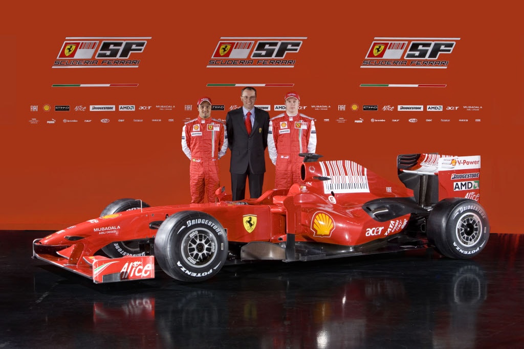 Stefano Domenicali, Felipe Massa and Kimi Raikkonen with the new Ferrari F60