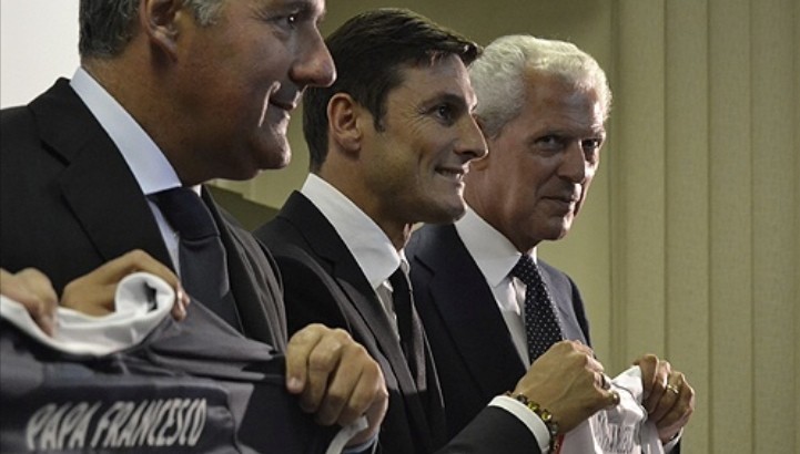 Javier Zanetti (center) took part in an Aug. 25 press conference about the match for peace in Rome's Olympic stadium