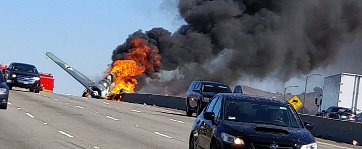Vintage plane with Nazi insignia crashes and burns on Los Angeles highway