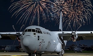 Fireworks Exploding Behind a C-130J Super Hercules Are the Proper Way to Celebrate America