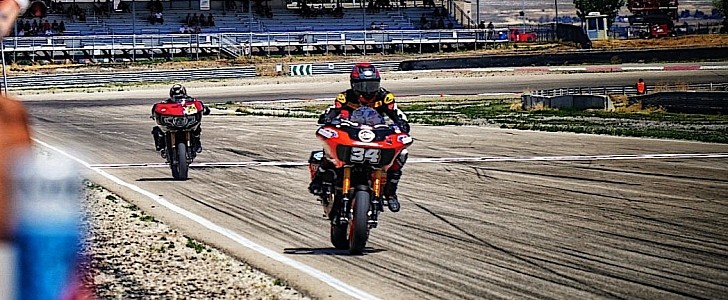 Michael Barnes (34) leads Harley to the win in the Bagger Racing League event in Utah