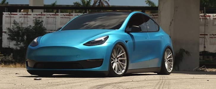 First Tesla Model Y Gets Slammed on Vossen Wheels, Has Troll Battery