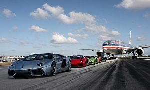 Five Lamborghini Aventador Roadsters. Airplanes. Miami