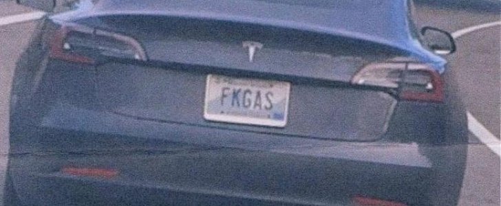 Tesla with "FKGAS" vanity license plate